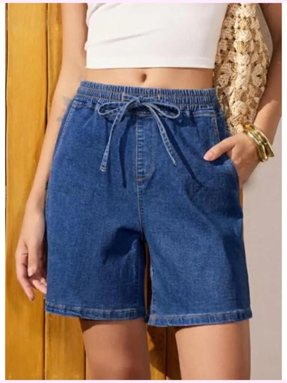 Women's High Waisted Baggy Jean Shorts, Drawstring Elastic Stretch Denim Shorts
